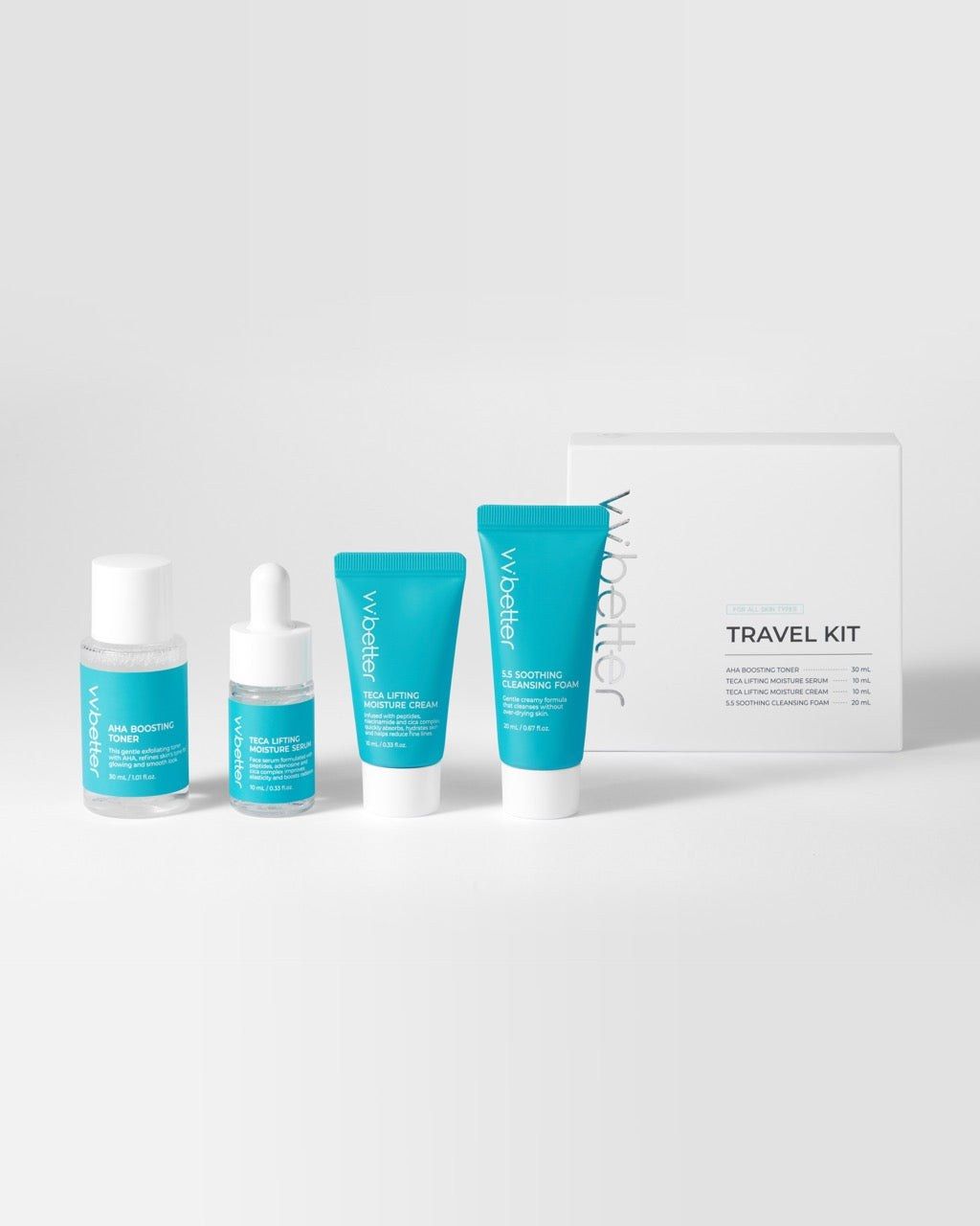 VVBETTER Travel Kit Blue – Cestovní sada pro péči o pleť – 4 mini produkty (poškozený obal)